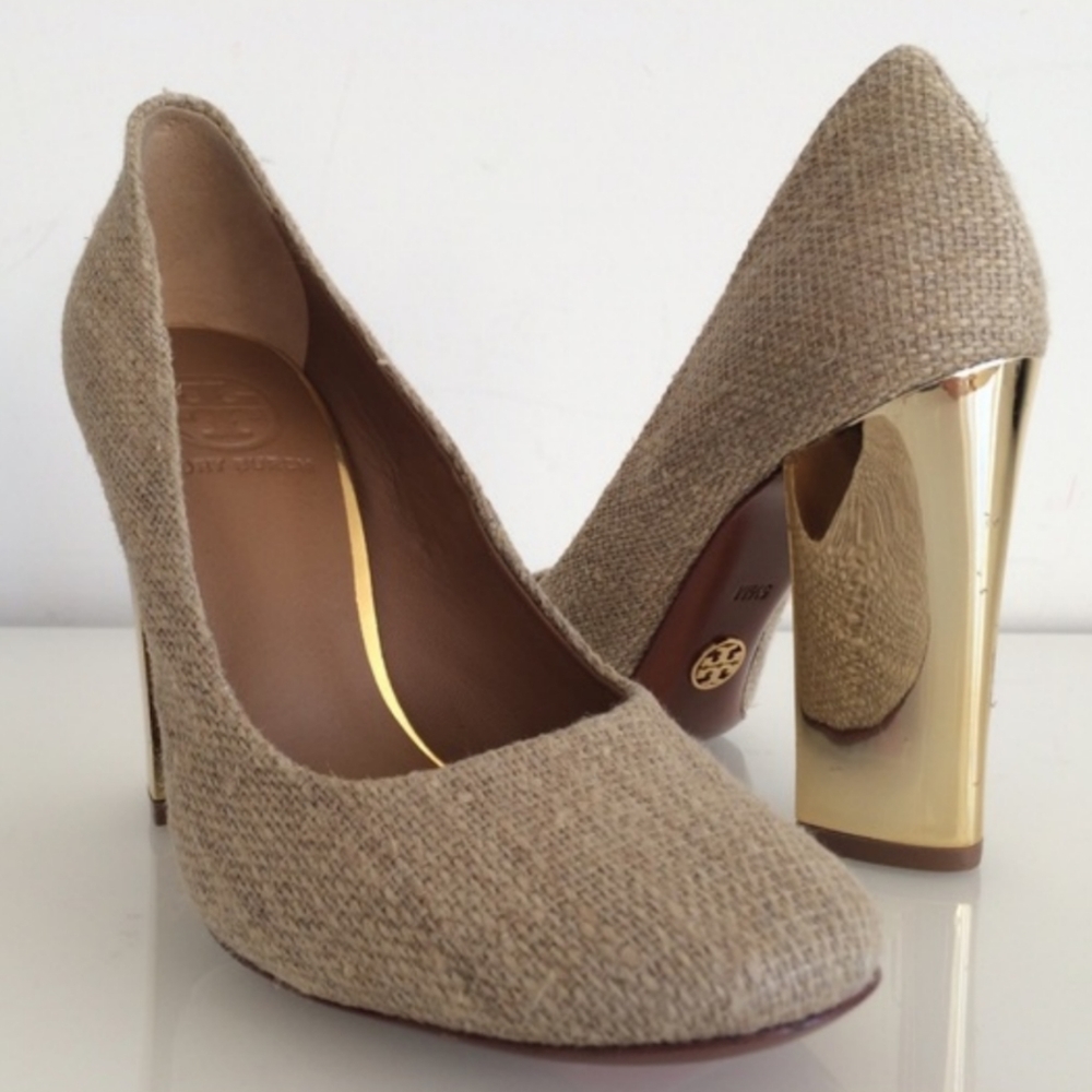 Tory Burch Burlap with Gold Heel Pumps